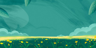 绿色手绘插画草地小黄花森林展板背景